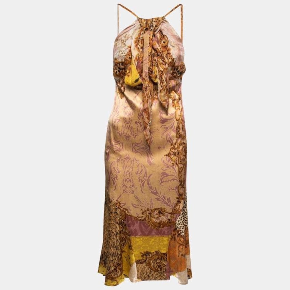2000S ROBERTO CAVALLI Brown & Gold Animal Print Silk Dress